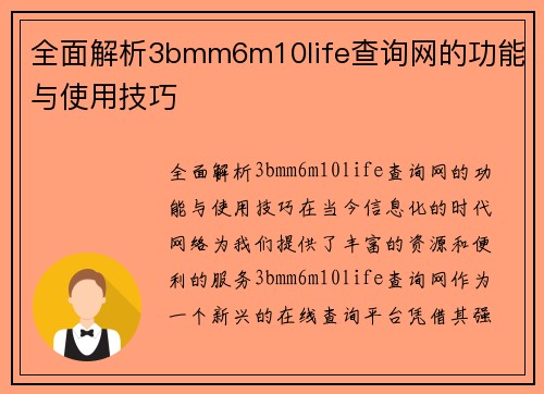全面解析3bmm6m10life查询网的功能与使用技巧